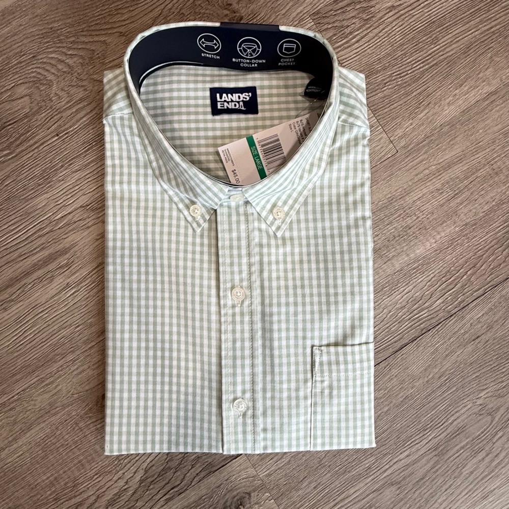 Lands End Mens‎ Short Sleeve Gingham Button Down Shirt Green White Stretch Large